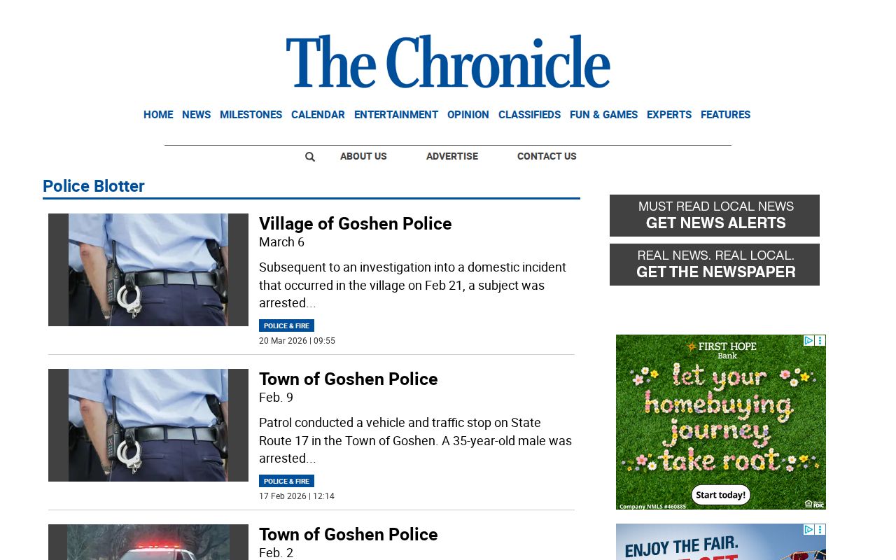 Goshen police blotter local news source for Orange County arrest reports